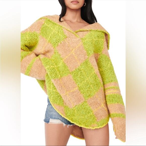 Free People Sunshine to Follow Argyle Cotton Blend Sweater Lemon Sugar Combo NEW - Picture 7 of 10